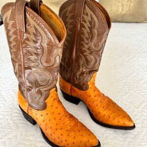 Tony Lama Tan and Orange Ostrich Cowboy Boots